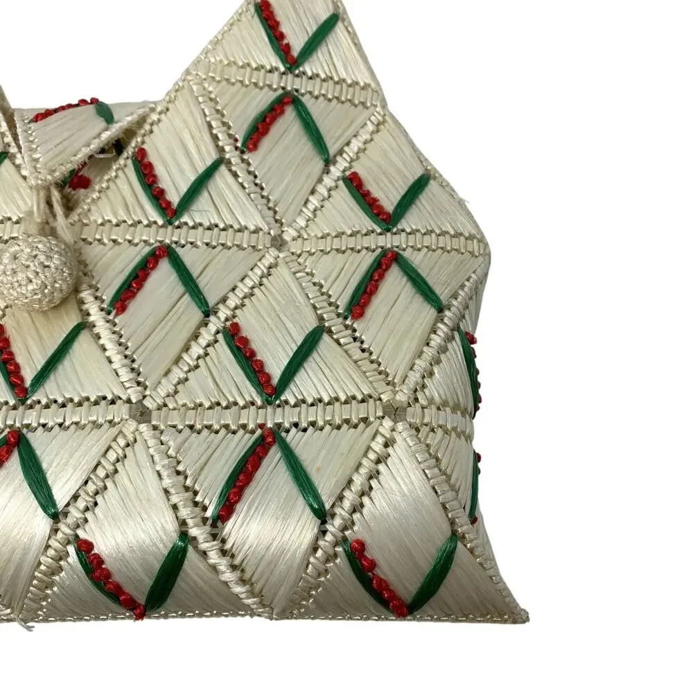Vintage Woven Raffia Shoulder Bag Red Green Embroidered Folk Art Handbag